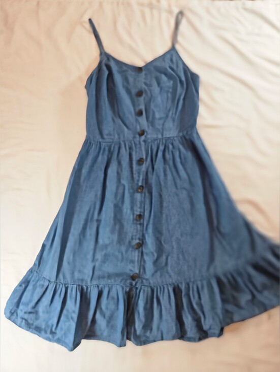Japna Dresses & Skirts - Japna Womens Blue Denim Adjustable Thin Strap Button Front Ruffle Dress Size M